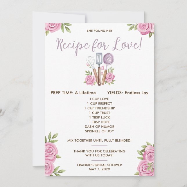 Convite Recipe for Love Bridal Shower Favor Cards (Frente)