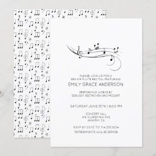 Convite Recital de Flauta Notas Musicais Preto & Branco