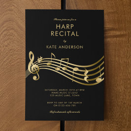 Convite Recital de Harpa Personalizado Dourado Notas Music