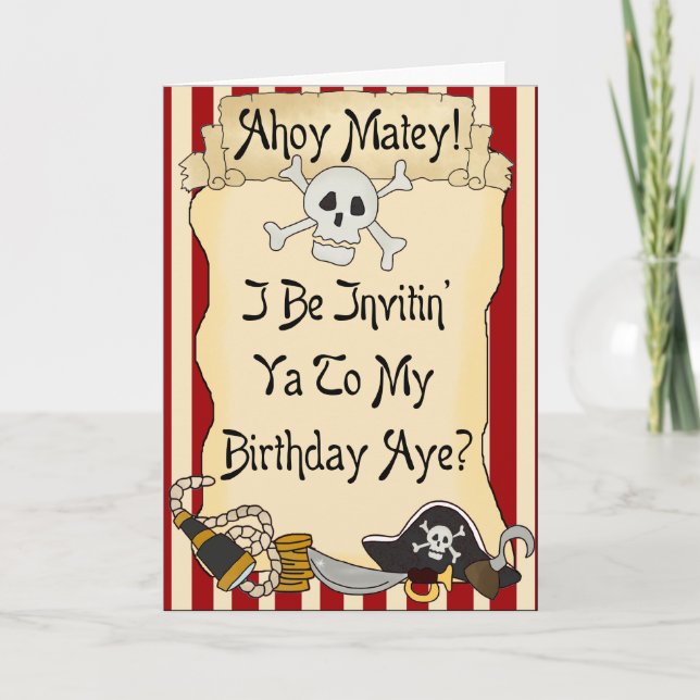 Convite Red Ahoy Matey Pirate Birthday Invites (Frente)