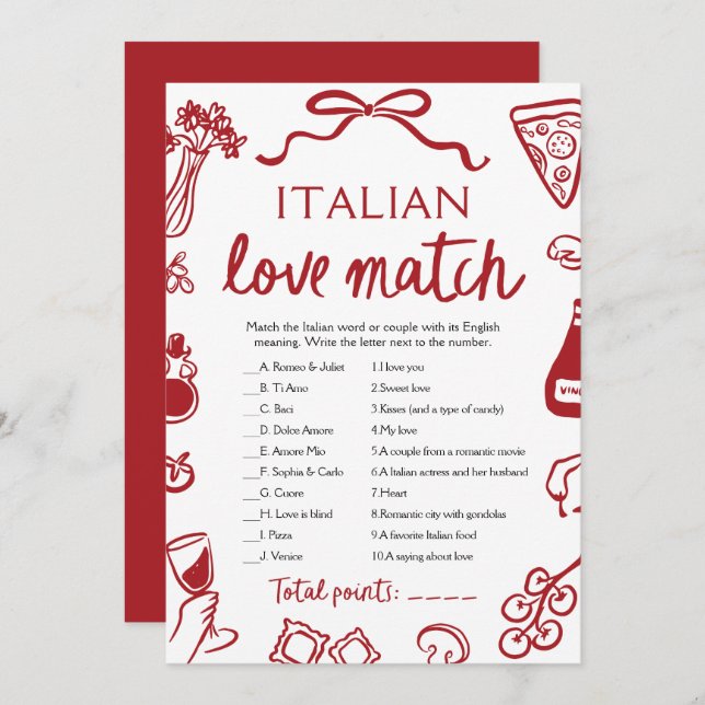 Convite Red Amore - italiano Love Match Game (Frente/Verso)