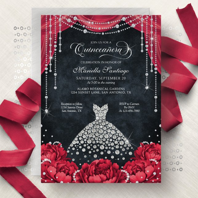Convite Red and Black Diamond Floral Quinceanera (Criador carregado)