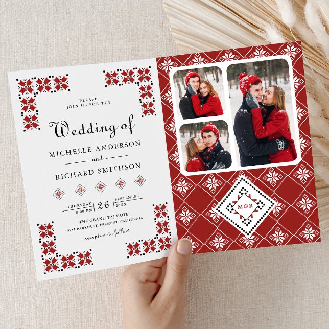Convite Red and Black Ukrainian Embroidery QR Code Wedding (Criador carregado)