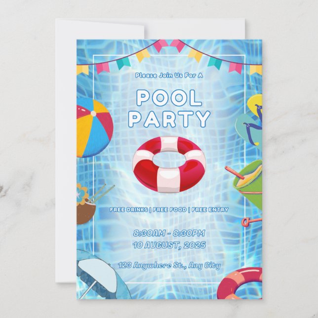 Convite Red And Blue Bold Pool Party (Frente)