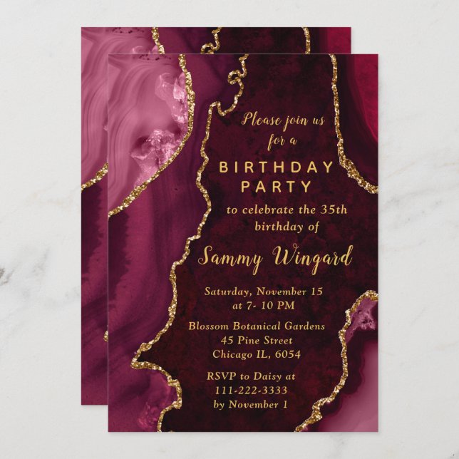 Convite Red and Gold Agate Marble Birthday Party (Frente/Verso)