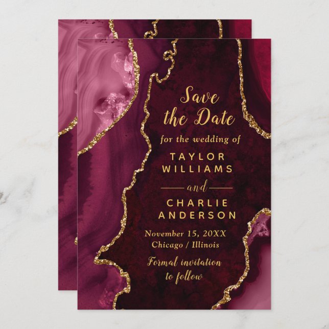 Convite Red and Gold Agate Marble Save The Date (Frente/Verso)