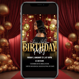 Convite Red and Gold Birthday Party Invitation