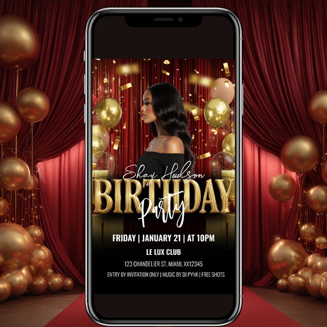 Convite Red and Gold Birthday Party Invitation (Criador carregado)