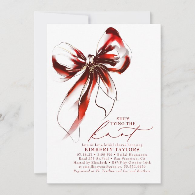 Convite Red and Gold Bow Elegant Whimsical Bridal Shower (Frente)