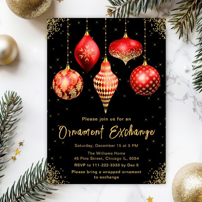 Convite Red and Gold Ornament Exchange Party (Criador carregado)