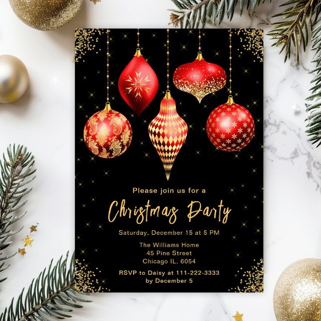 Convite Red and Gold Ornaments Christmas Party (Criador carregado)