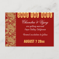 Red and gold paisley Salve a data do casamento