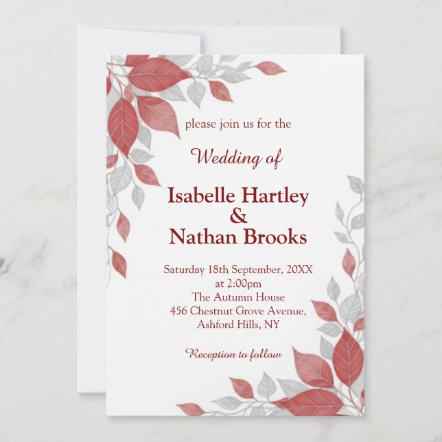 Convite Red and Gray Fall Wedding Invitation (Frente)