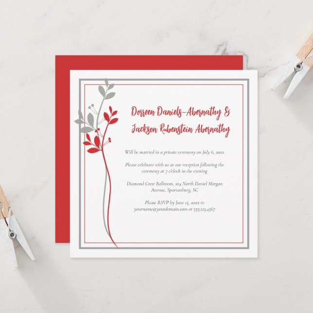Convite Red and Gray Modern Botanical Reception Only | (Frente/Verso In Situ)