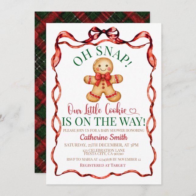 Convite Red and Green  Gingerbread Christmas Baby Shower  (Frente/Verso)