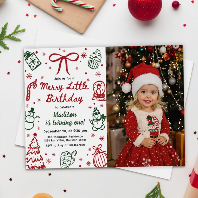 Convite Red and Green Hand Drawn Christmas Birthday Photo (Criador carregado)
