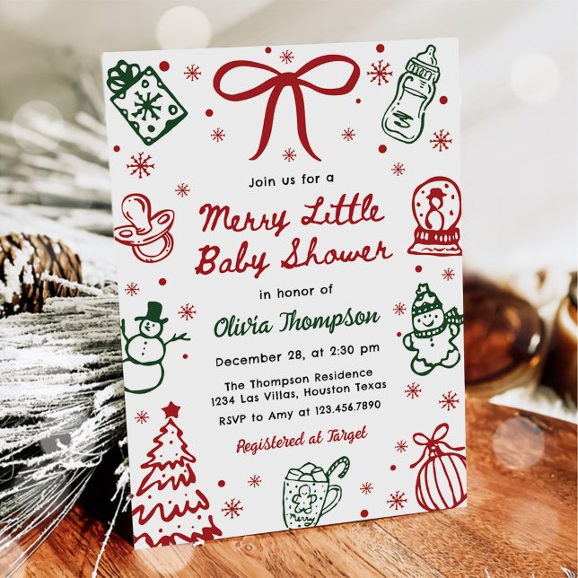 Convite Red and Green Hand Drawn Merry Little Baby Shower  (Criador carregado)