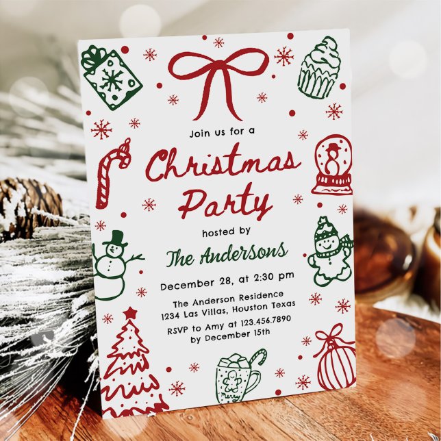 Convite Red and Green Hand Drawn Quirky Christmas Party (Criador carregado)