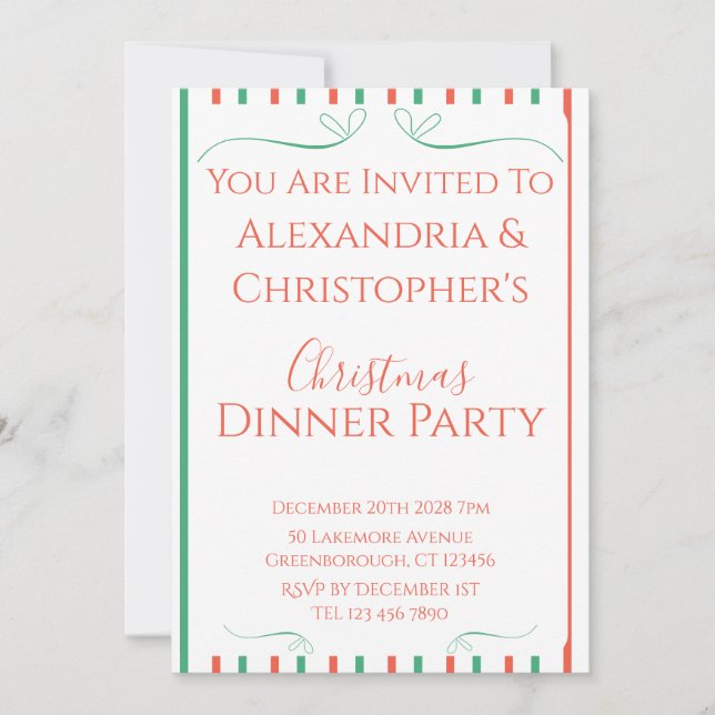 Convite Red and Green Stripe Christmas Dinner Party (Frente)
