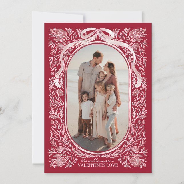 Convite Red and Pink Floral & Bow Valentine Photo Card (Frente)