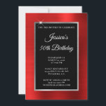Convite Red and Silver Foil Black 50th Birthday<br><div class="desc">Crie o seu próprio convite para comemoração de aniversário do na moda, estilo 5x7, para ela. O fundo decorativo apresenta uma folha vermelha clara e falsa, uma folha prateada e uma cobertura retangular preta sólida. Mova ou exclua o gráfico cintilante branco sujo. Personalize os estilos de fonte branca, cor e...</div>