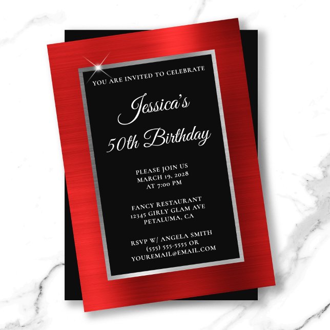 Convite Red and Silver Foil Black 50th Birthday (Red and Silver Foil Black 50th Birthday Invitation)