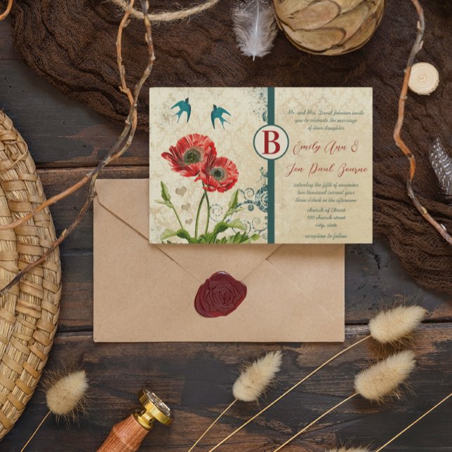 Convite Red and Teal Blue Love Birds Damask Poppy Casament (Criador carregado)