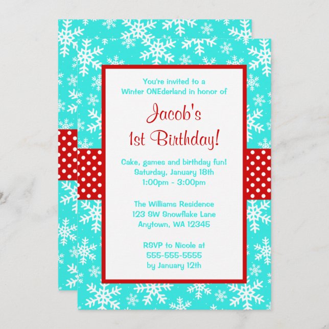 Convite Red and Teal Snowflakes Winter Onederland (Frente/Verso)