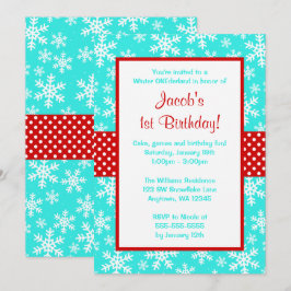 Convite Red and Teal Snowflakes Winter Onederland