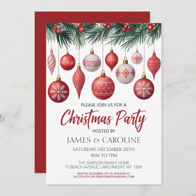 Convite Red and White Christmas Party Invitation (Frente/Verso)