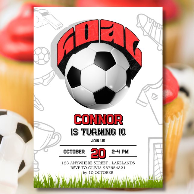 Convite Red and White Soccer Ball Birthday Party  (Criador carregado)
