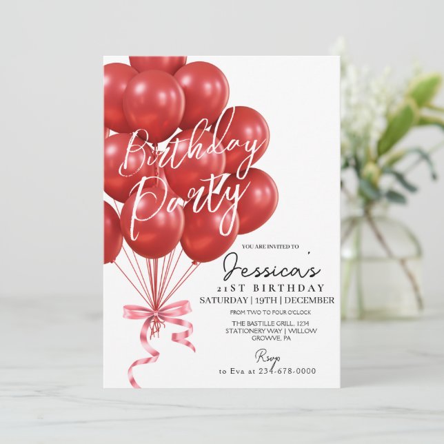 Convite Red Balloon Script  Modern Birthday Party (Em pé/Frente)