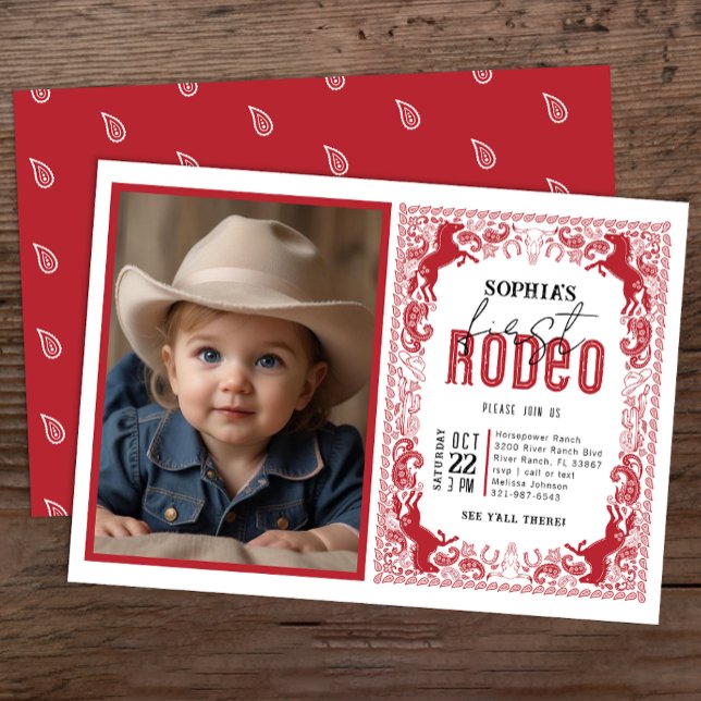 Convite Red Bandana First Rodeo Photo Invitation - Cowboy (Red Redo Birthday Party Invite)