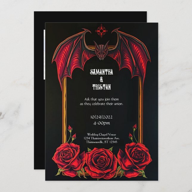 Convite Red Bat and Roses Gothic Wedding Invitation (Frente/Verso)