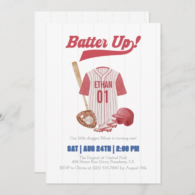 Convite Red Batter Up Baseball First Birthday Invitation (Frente/Verso)