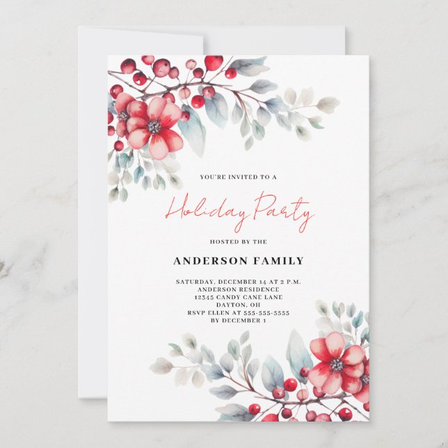Convite Red Berry Floral Watercolor Natal (Frente)