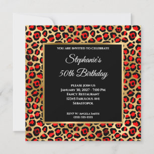 Convite Red Black and Dourado Leopard Glam 50th Birthday