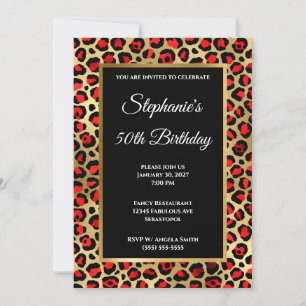 Convite Red Black and Dourado Leopard Glam 50th Birthday