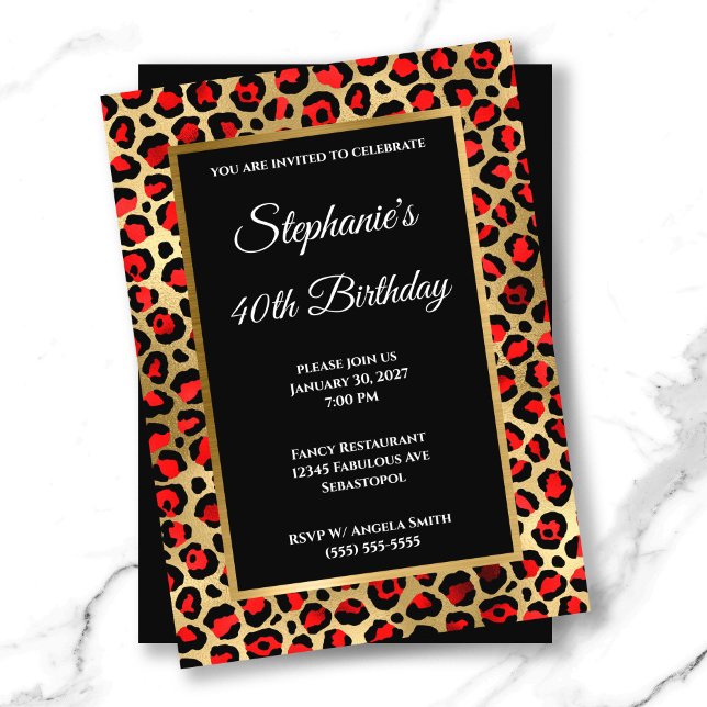 Convite Red Black and Dourado Leopardo Glam aniversário de (Red Black and Gold Leopard Glam 40th Birthday Invitation)