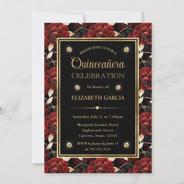 Convite Red Black and Dourado Marble Floral Quinceanera (Frente)