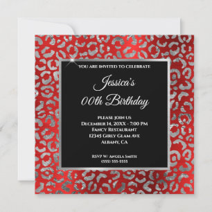 Convite Red Black and Silver Leopard Foil Girth Aniversár