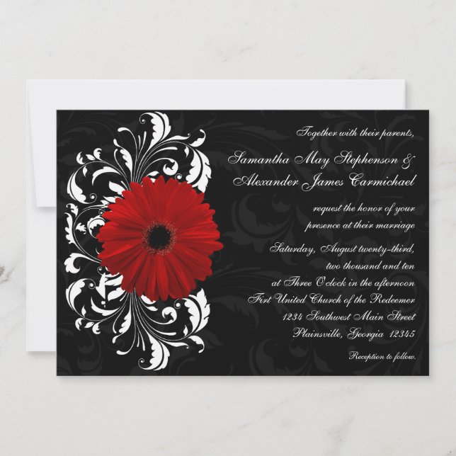 Convite Red, Black and White Scroll Gerbera Daisy (Frente)