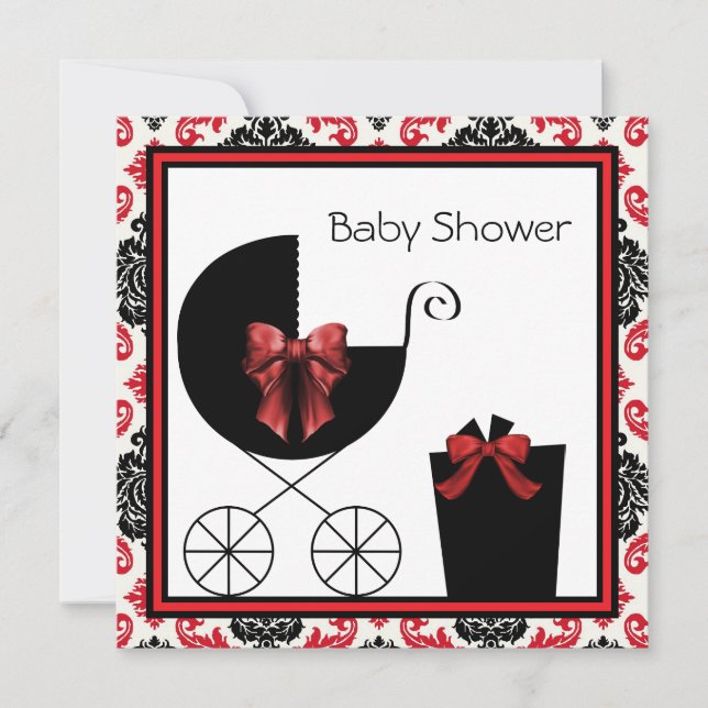 Convite Red Black Damask Baby Shower Invasores (Frente)