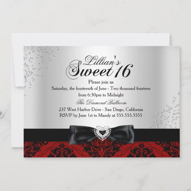 Convite Red Black Damask Sparkle Sweet 16 Invite (Frente)
