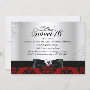Convite Red Black Damask Sparkle Sweet 16 Invite