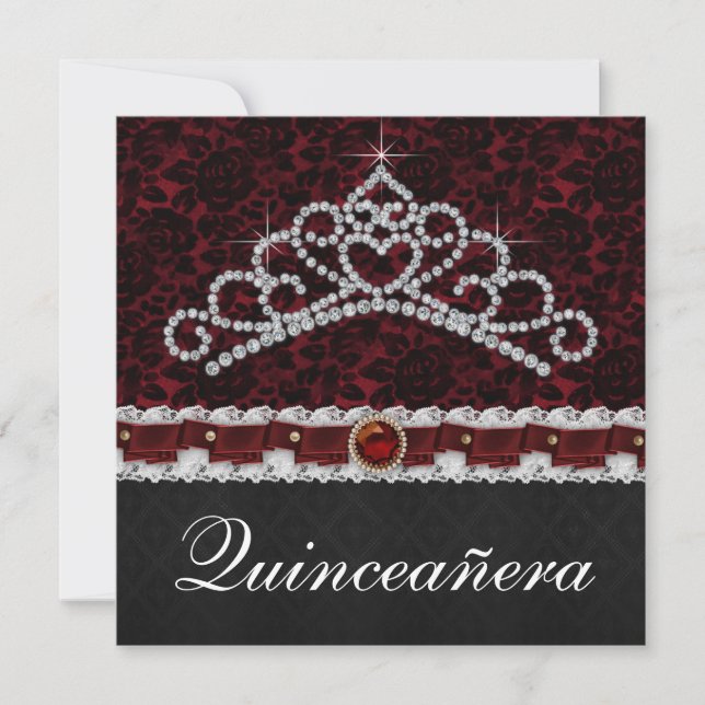 Convite Red Black Damask Tiara Red Black Quinceanera (Frente)