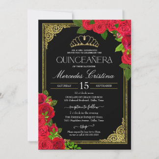 Convite Red Black & Dourado Elegante Rosa Quinceanera
