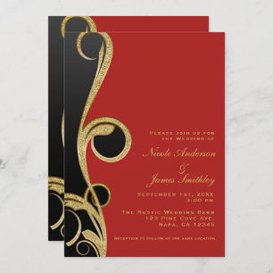 Convite Red Black & Dourado Modern Glam Elegant Swirl Wedi