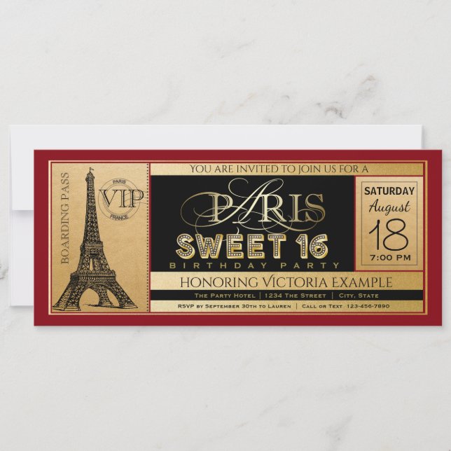Convite Red Black Dourado Paris Sweet 16 Ticket Invitation (Frente)