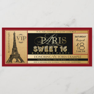 Convite Red Black Dourado Paris Sweet 16 Ticket Invitation